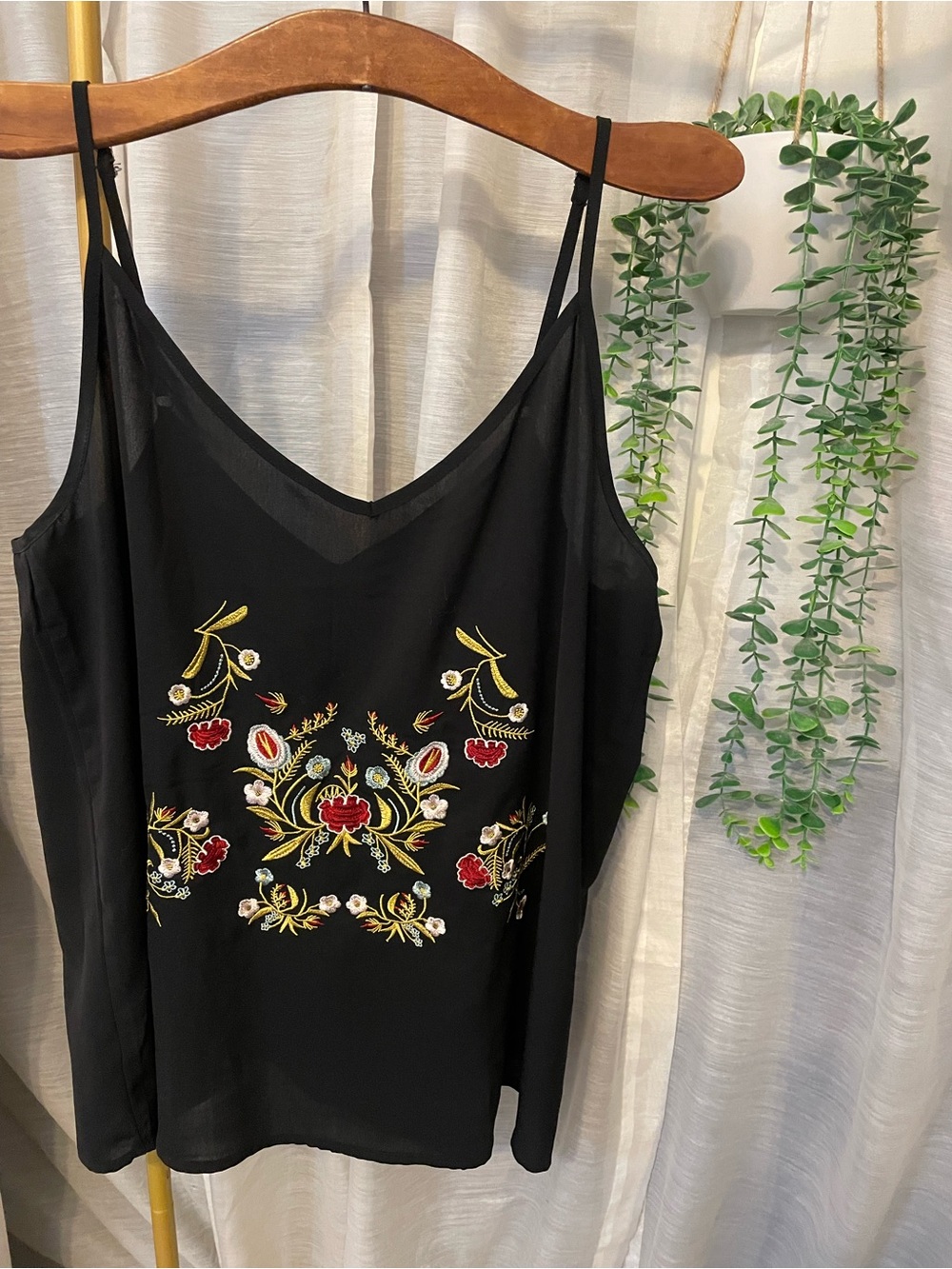 Black Floral Embroidered Spaghetti-Strap Cami